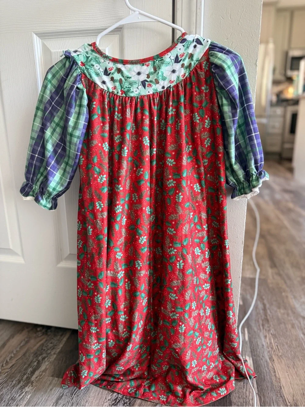 Matilda Jane Girls Red Floral Nightgown with Plaid Puff Sleeves